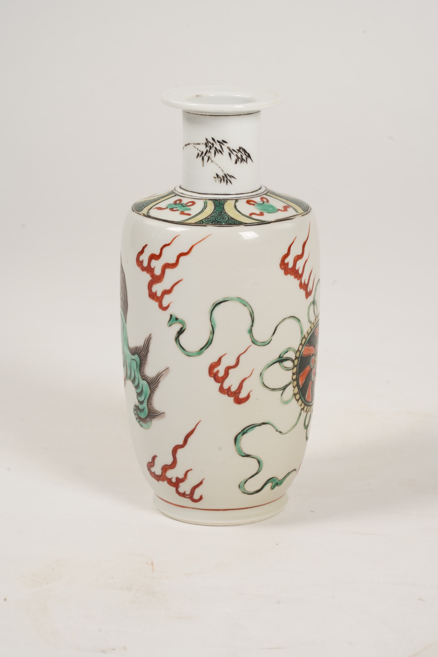 A Chinese famille verte 'Buddhist lion' rouleau vase, probably Kangxi period